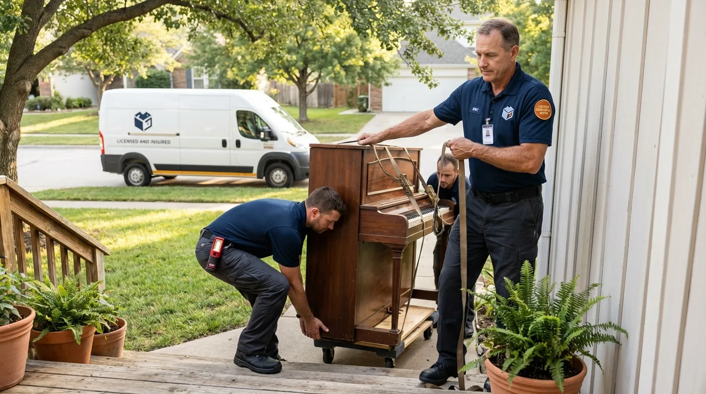 Licensed piano movers securing grand piano in Morris, IL