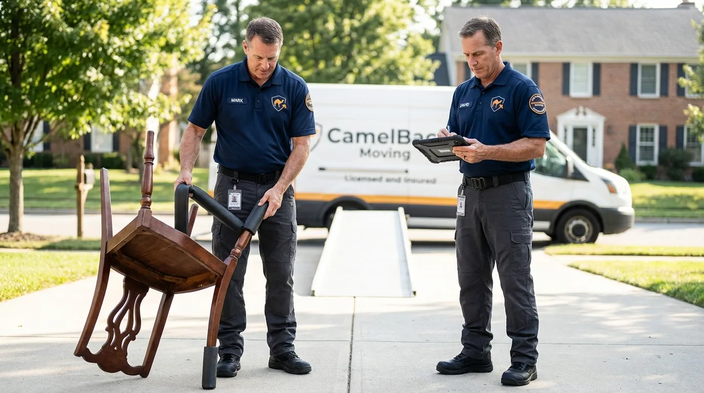 Movers inspecting furniture for damage prevention before loading in Morris, IL