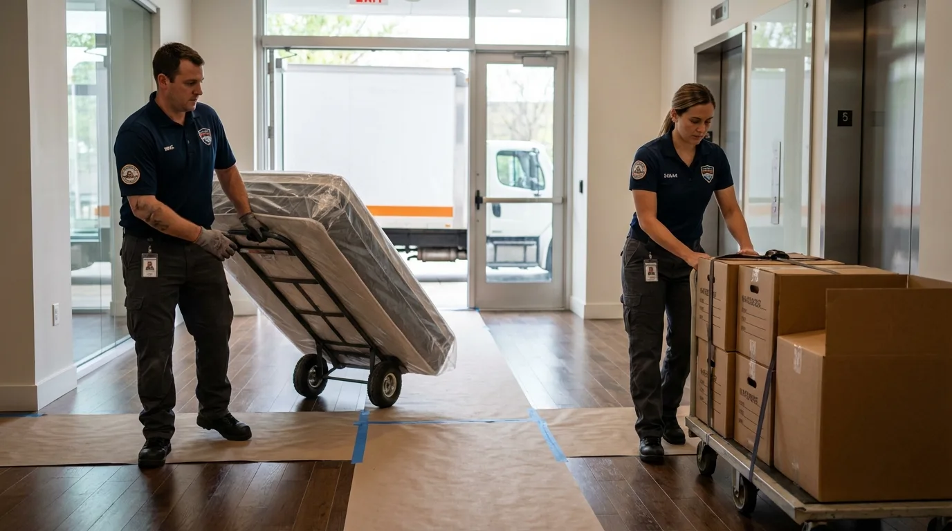 Professional apartment movers loading elevator in Morris, IL